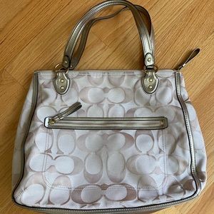 Tan, Gold, and Pink Coach Handbag